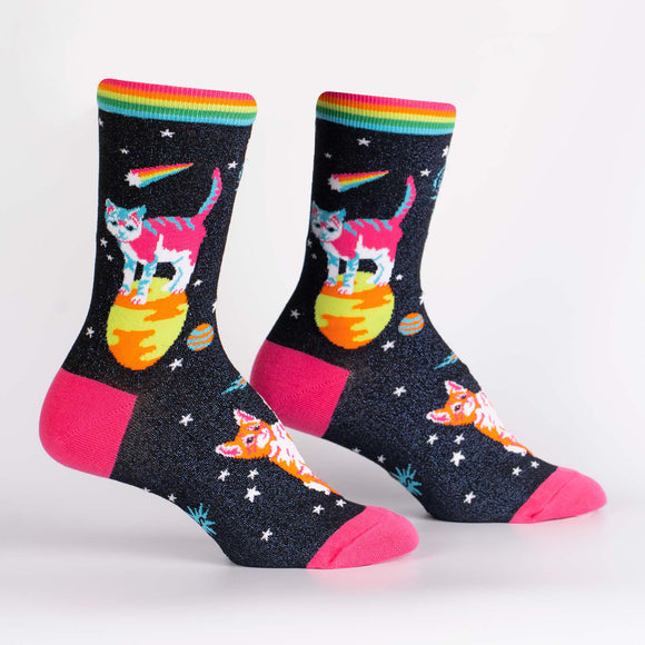 Sock It To Me Women's Crew Socks - Space Cats (Shimmer!)