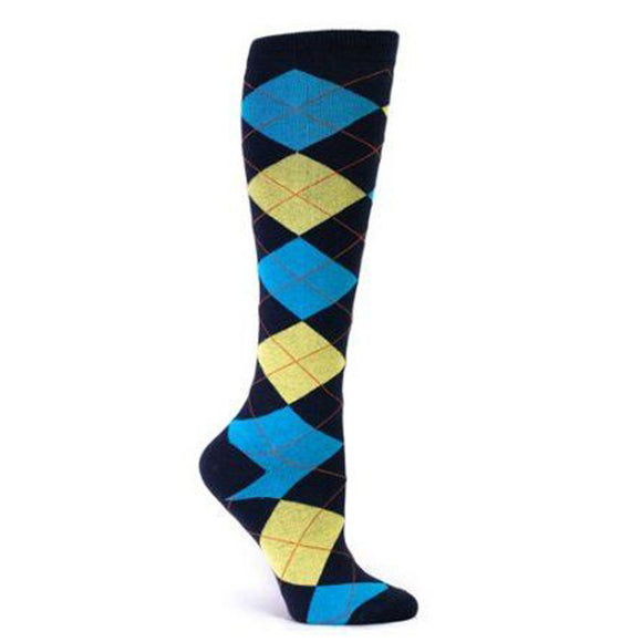 Sock It To Me Women's Knee High Socks - Argyle Turquoise & Yellow