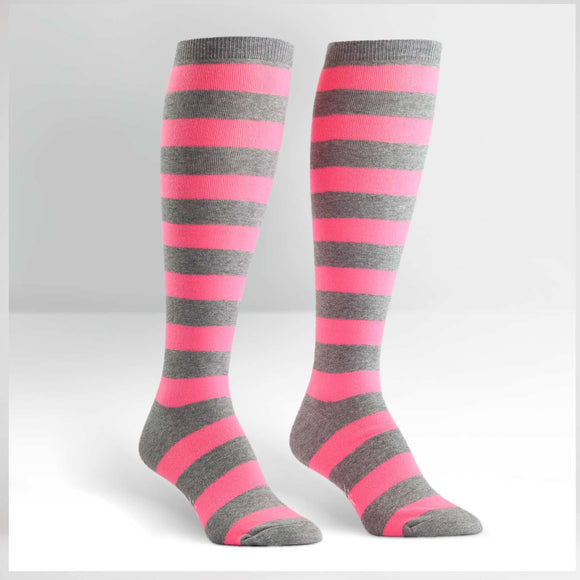 Sock It To Me Women's Funky Knee High Socks - Pink & Grey Striped